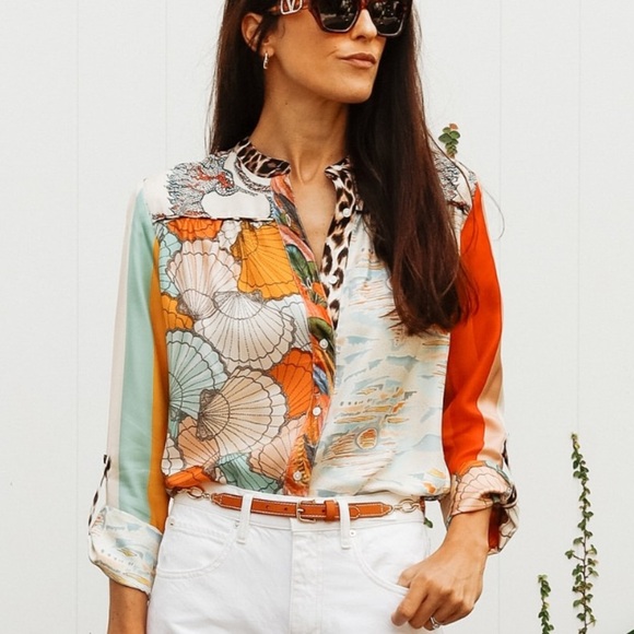 La Prestic Ouiston Romee Silk Blouse Popover Top Mixed Print Bird Snake Leopard - Picture 1 of 16